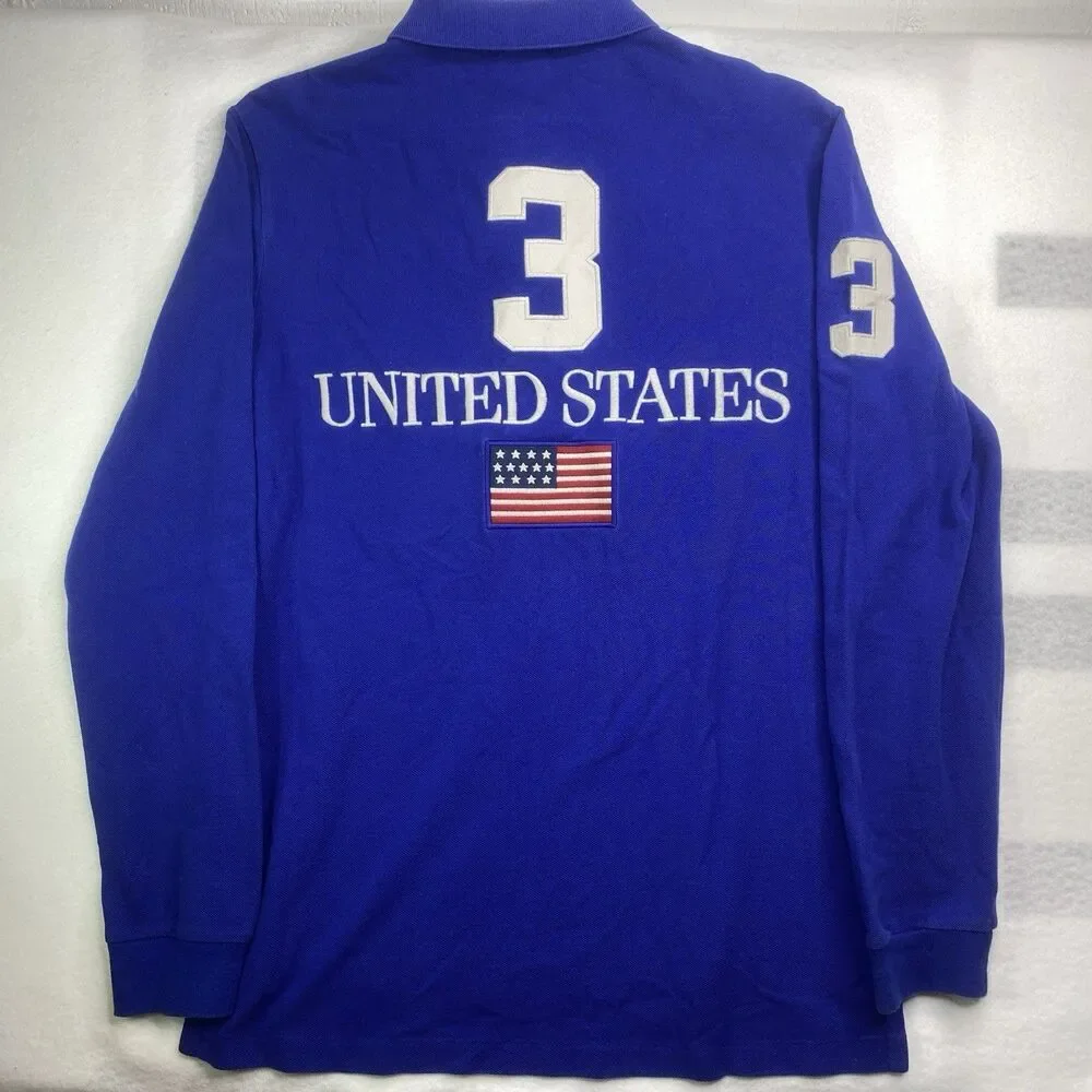 Polo Ralph Lauren Polo Shirt Men’s M Blue Big Pony USA Long Sleeve #3 PRL RARE